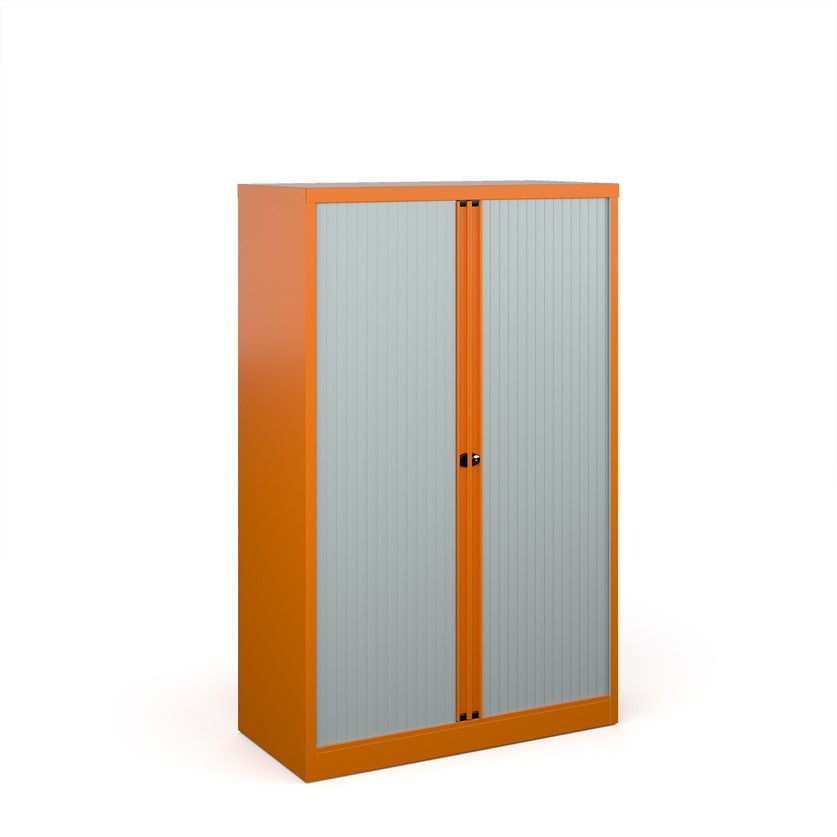 A tall orange cabinet with grey doors.