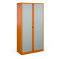 A tall orange cabinet with grey doors.