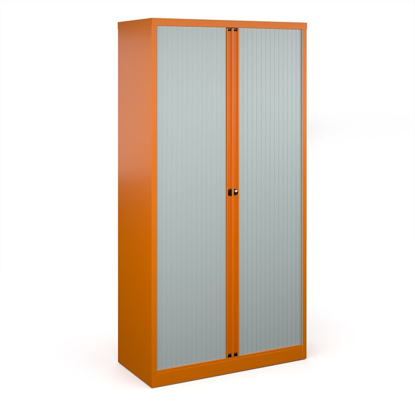 A tall orange cabinet with grey doors.