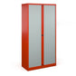 A tall red cabinet with grey doors.