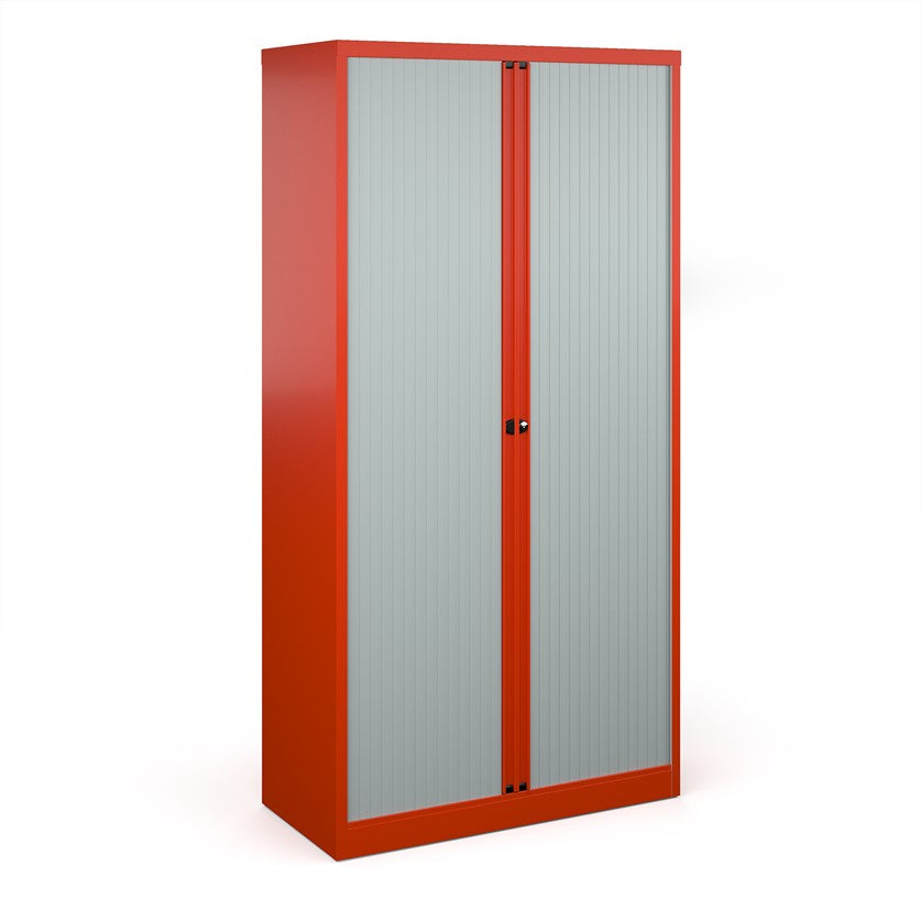 A tall red cabinet with grey doors.