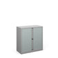 A silver storage cabinet with tambour doors, fully assembled, with no visible shelves inside.