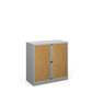 A silver and beech storage cabinet with tambour doors, fully assembled, with no visible shelves inside.