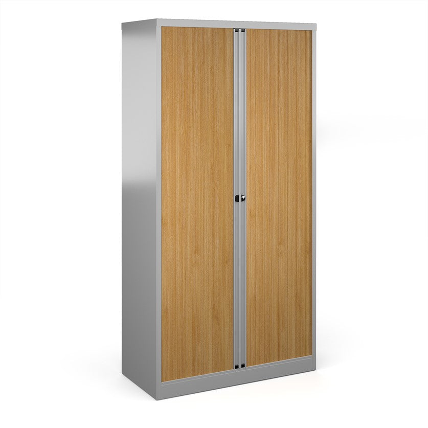 A tall silver and beech cabinet.