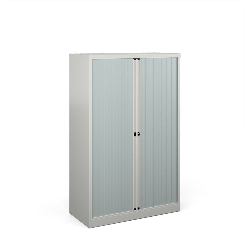 A tall silver cabinet with grey doors. 