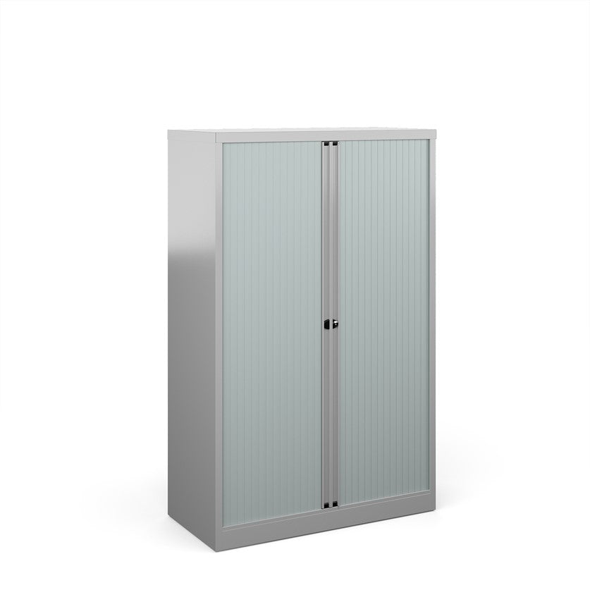 A tall silver cabinet with grey doors.