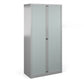 A silver tall cabinet with grey doors.