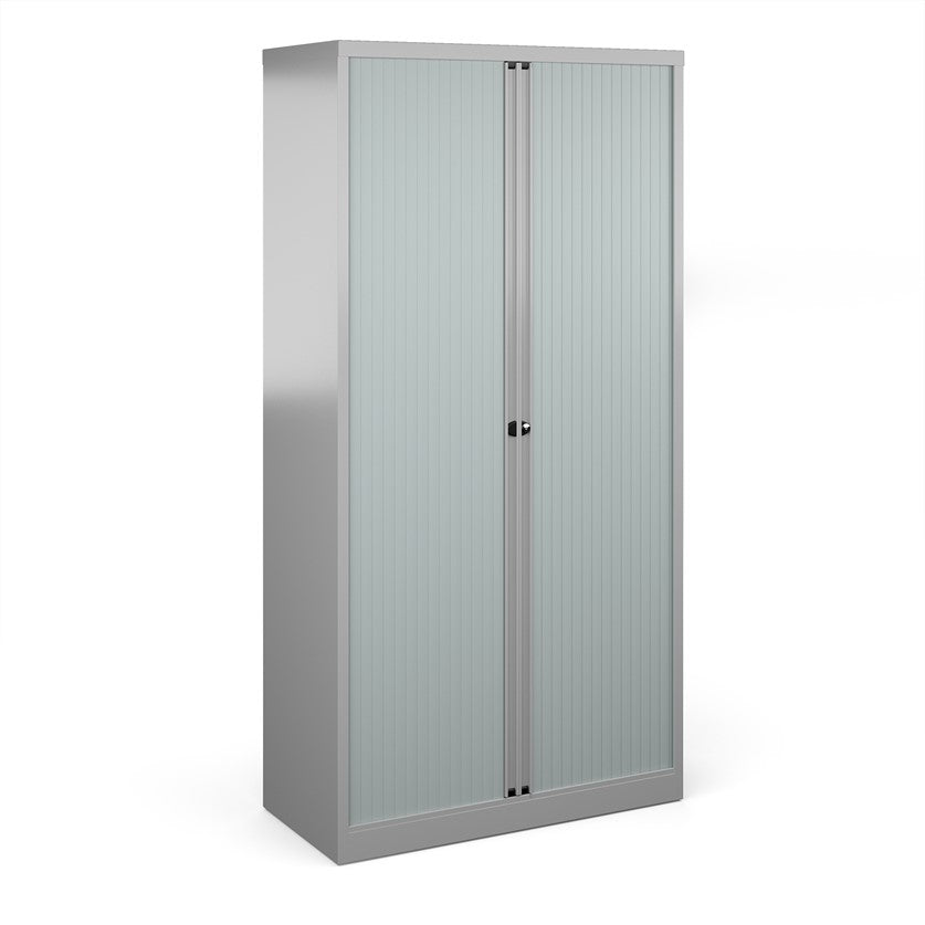 A silver tall cabinet with grey doors.