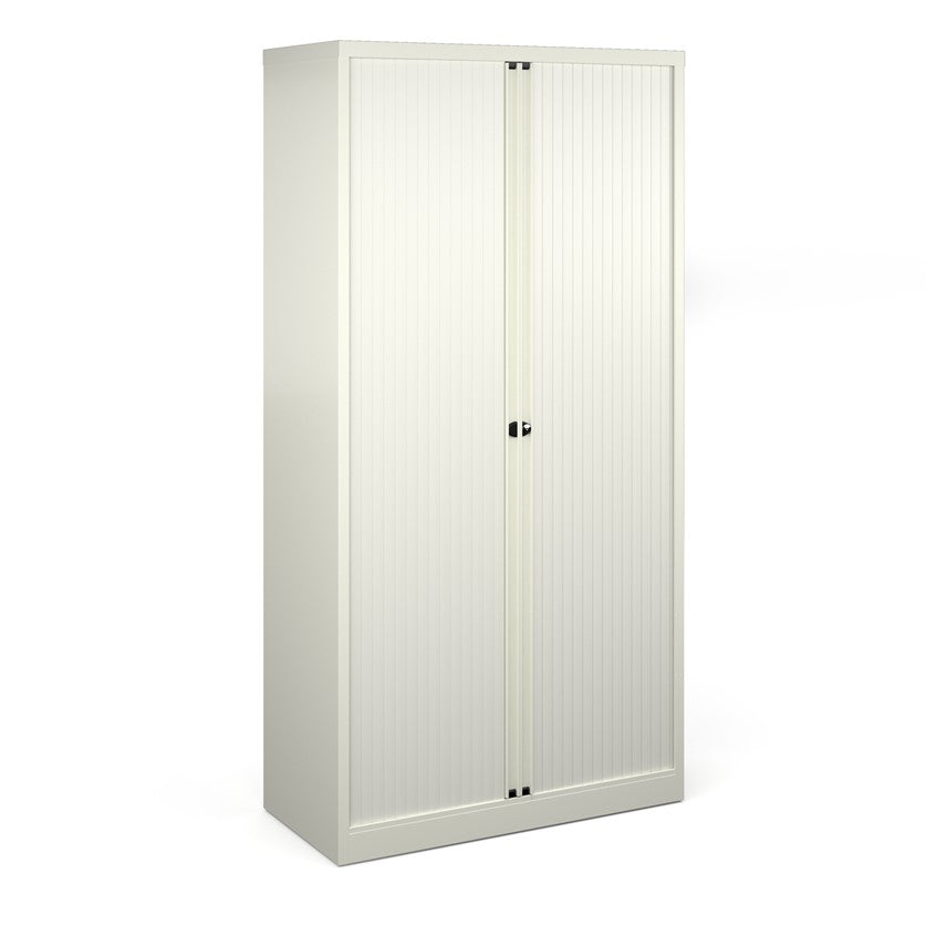 A tall white cabinet with white doors. 