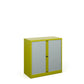 A yellow storage cabinet with tambour doors, fully assembled, with no visible shelves inside.