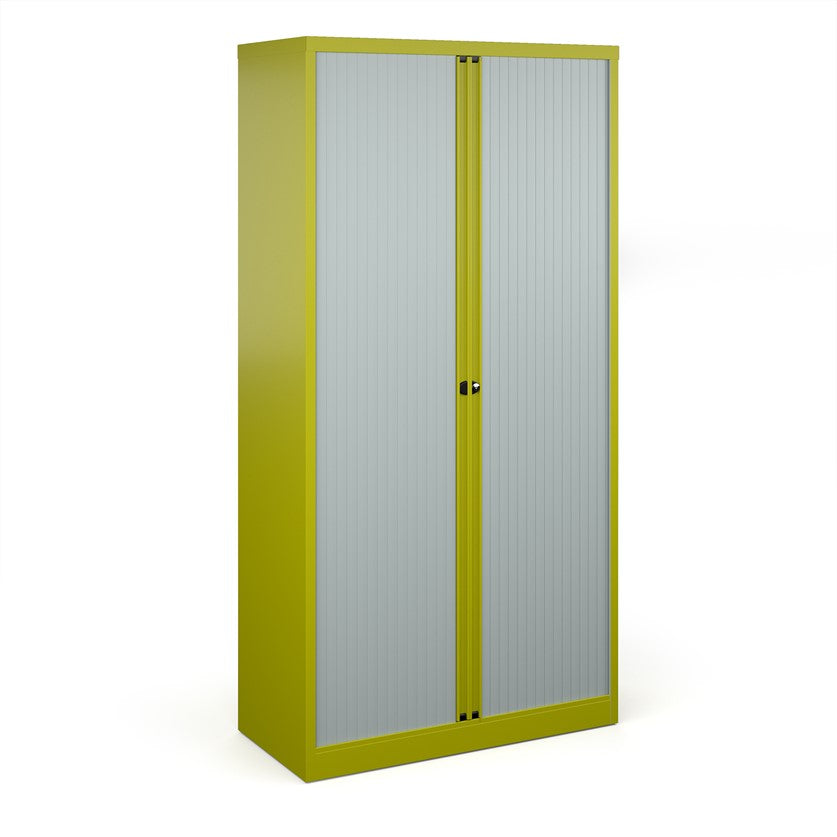 A tall yellow cabinet with grey doors. 