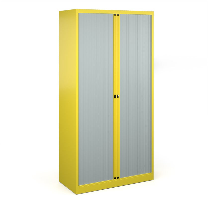 A tall yellow cabinet with grey doors.