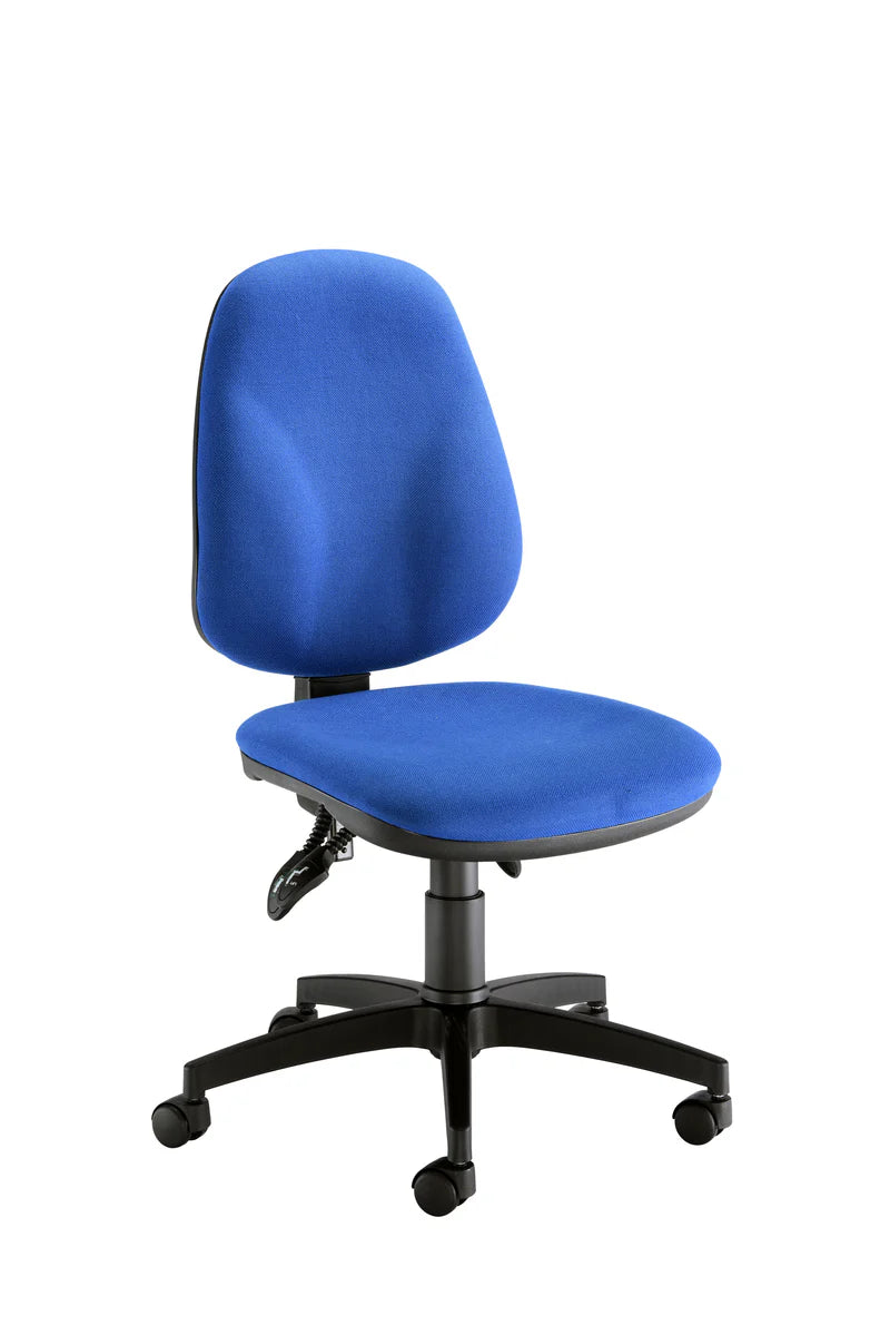 Blue office chair with black base on a white background