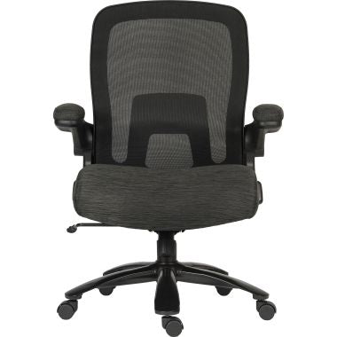 Black office chair with mesh backrest on a white background