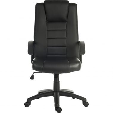 A black bonded leather faced executive armchair with a sturdy nylon base and gas lift seat height adjustment.