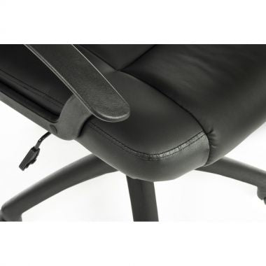 Black office chair with armrest and cushion detail.