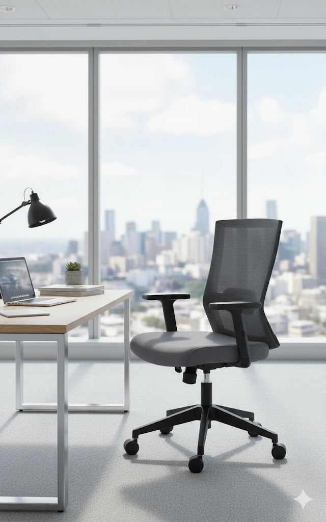 Modern office chair in front of a desk with a cityscape view through large windows.