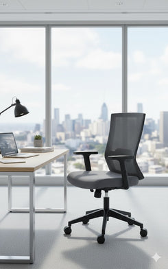 Modern office chair in front of a desk with a cityscape view through large windows.