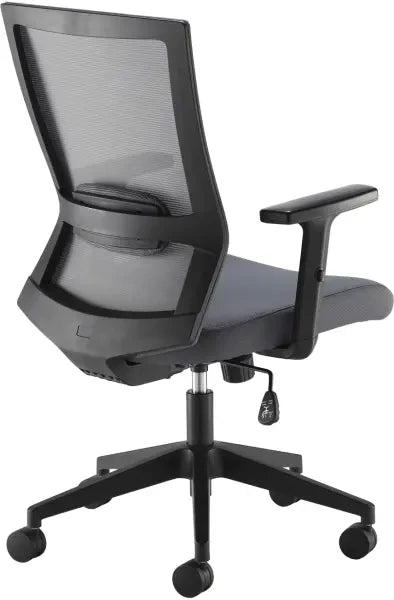 Grey office chair with mesh backrest on a white background