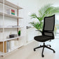 Modern office setup with a black chair, white shelves, and a plant.