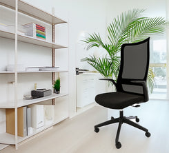 Modern office setup with a black chair, white shelves, and a plant.