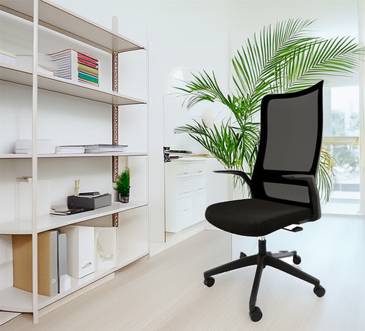Modern office setup with a black chair, white shelves, and a plant.