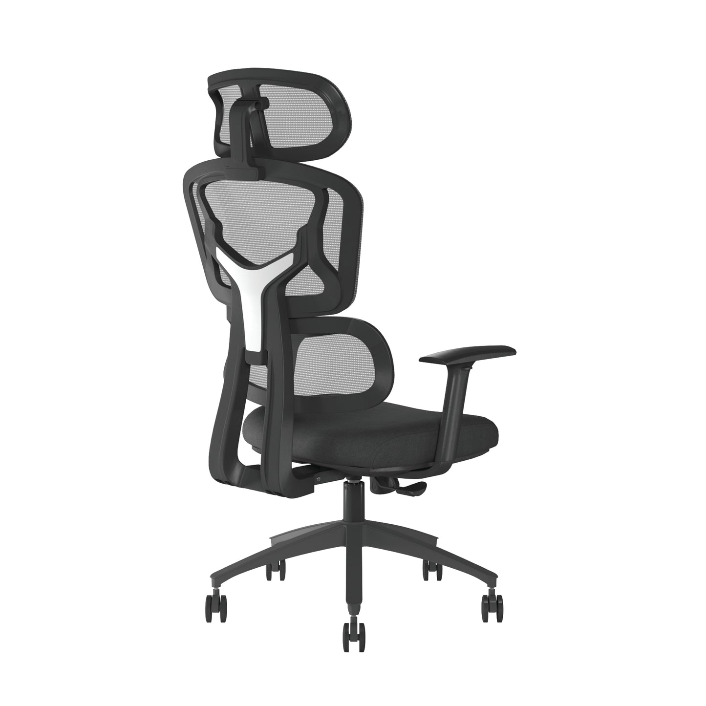 Black office chair with mesh back on a white background