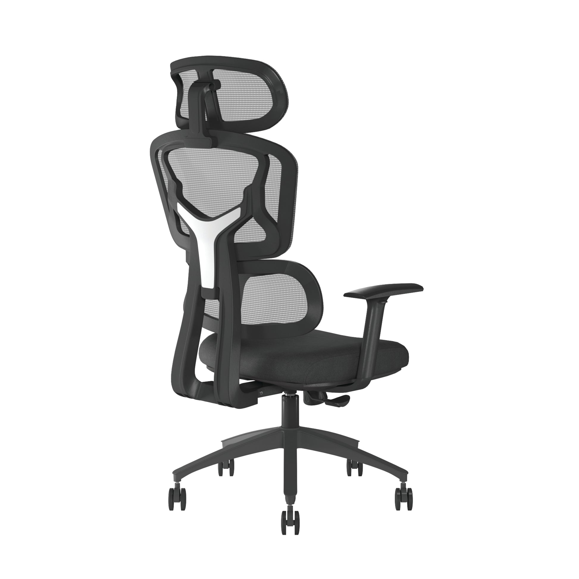 Black office chair with mesh back on a white background