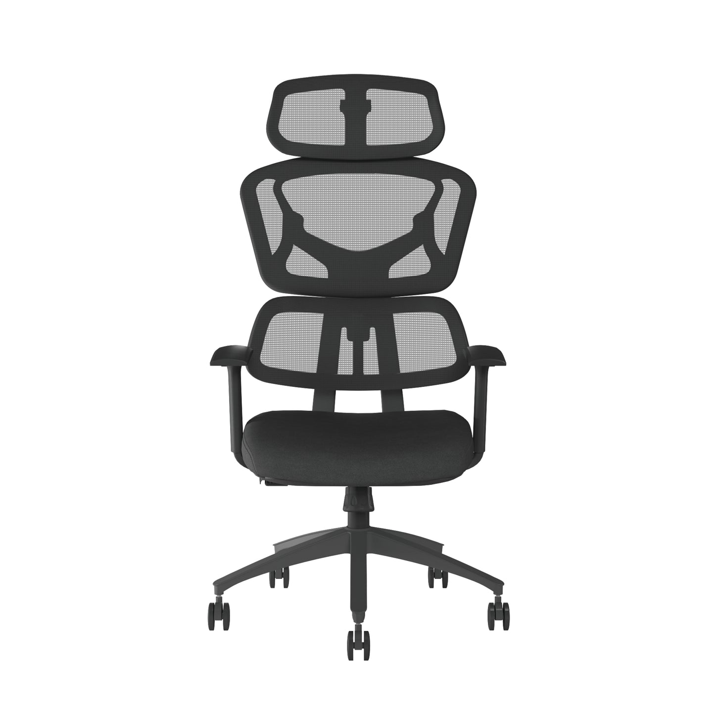 Black office chair with mesh backrest on a white background