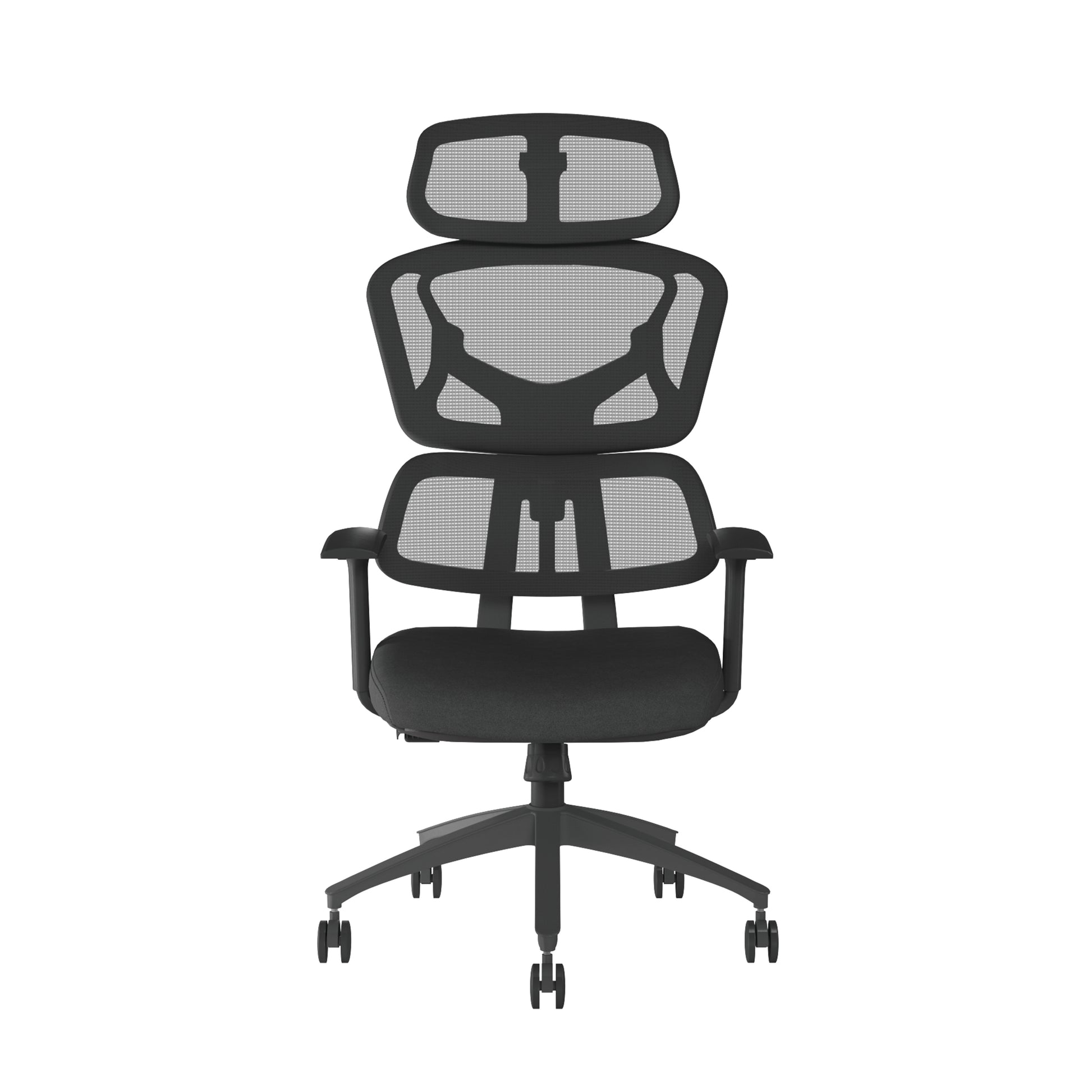 Black office chair with mesh backrest on a white background