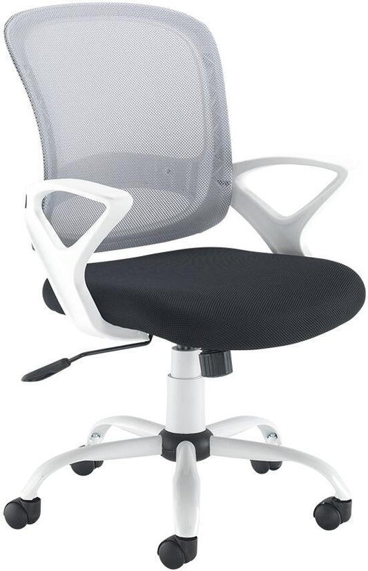Office chair with black seat and gray mesh backrest on a white background