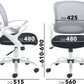 Ergonomic office chair with dimensions labeled on a white background