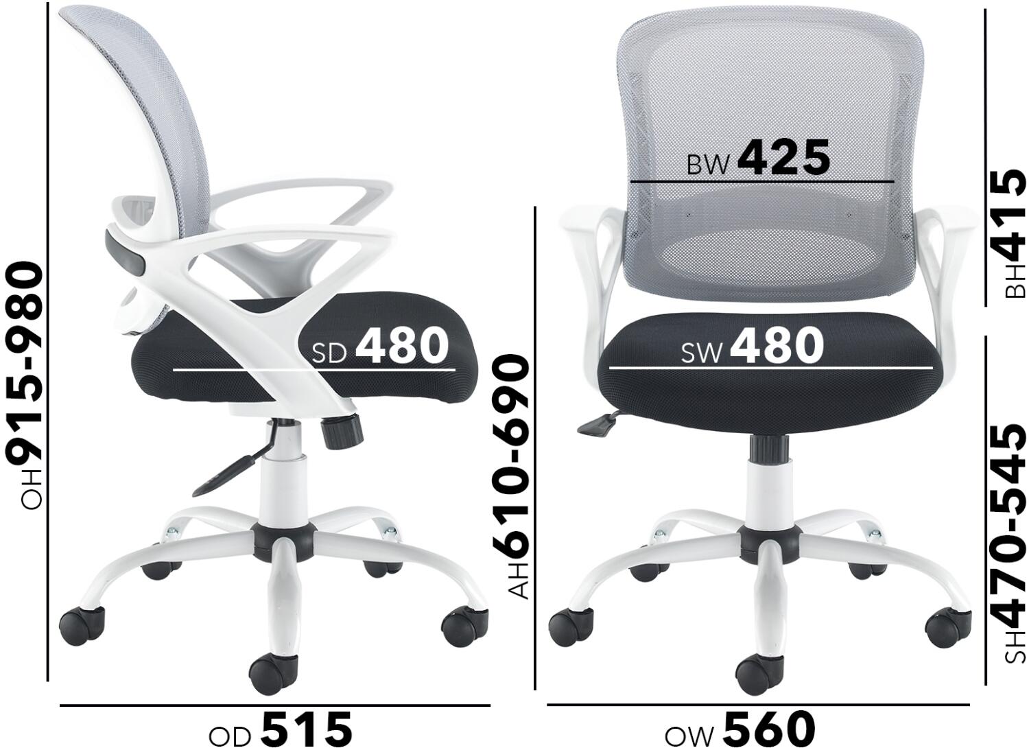 Ergonomic office chair with dimensions labeled on a white background