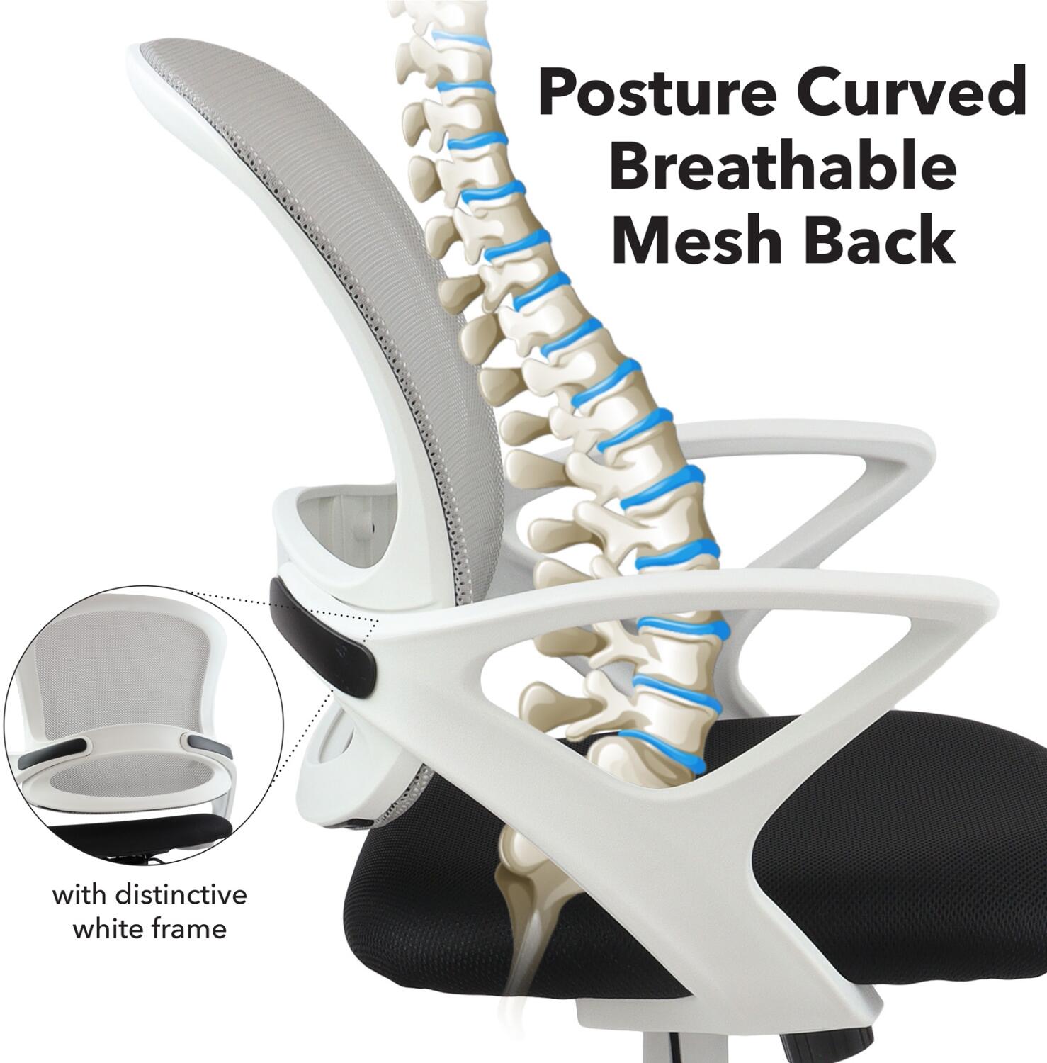 Ergonomic chair with breathable mesh back and white frame, showing a spine illustration for comfort.