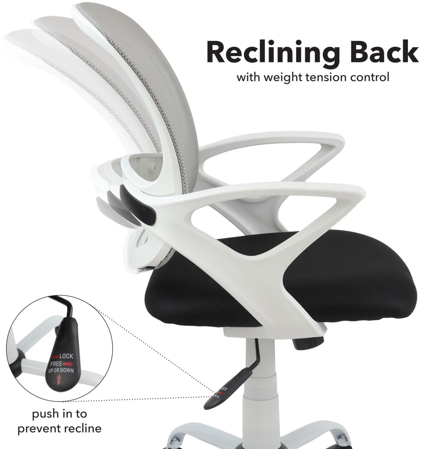 Ergonomic office chair with reclining back feature and weight tension control.