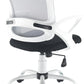 White office chair with black mesh back and seat on a white background