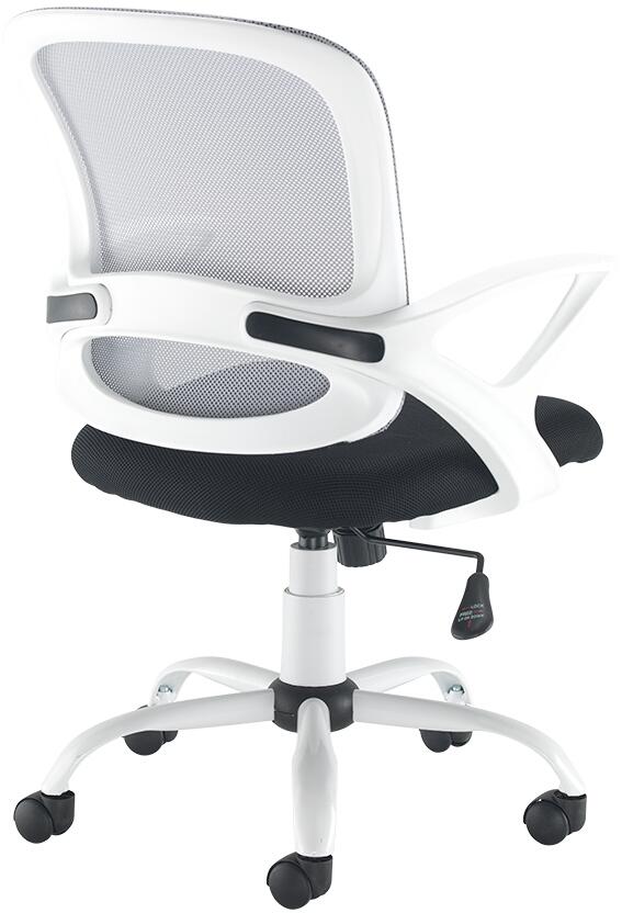 White office chair with black mesh back and seat on a white background