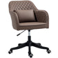 Brown quilted office chair with black wheels on a white background