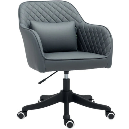 Gray quilted office chair with black wheels on a white background