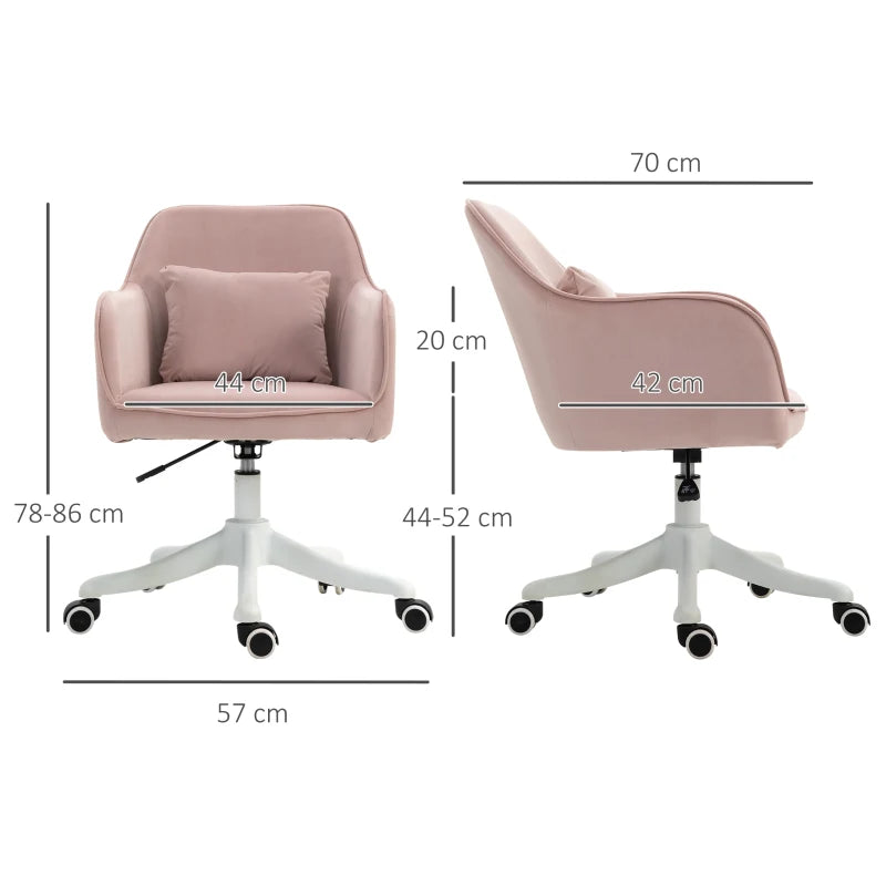 Dimensions of a pink office chair with white wheels on a white background
