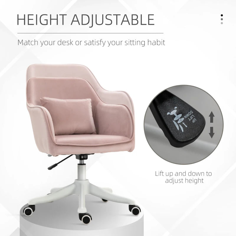Pink office chair with height adjustment feature on a white background