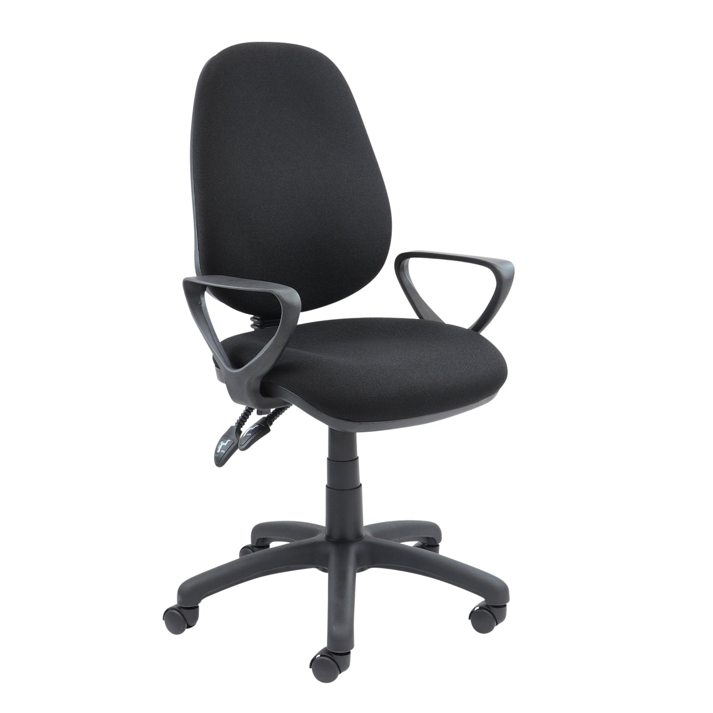 Vantage 100 2 Lever Pcb Operators Chair in black with armrests.