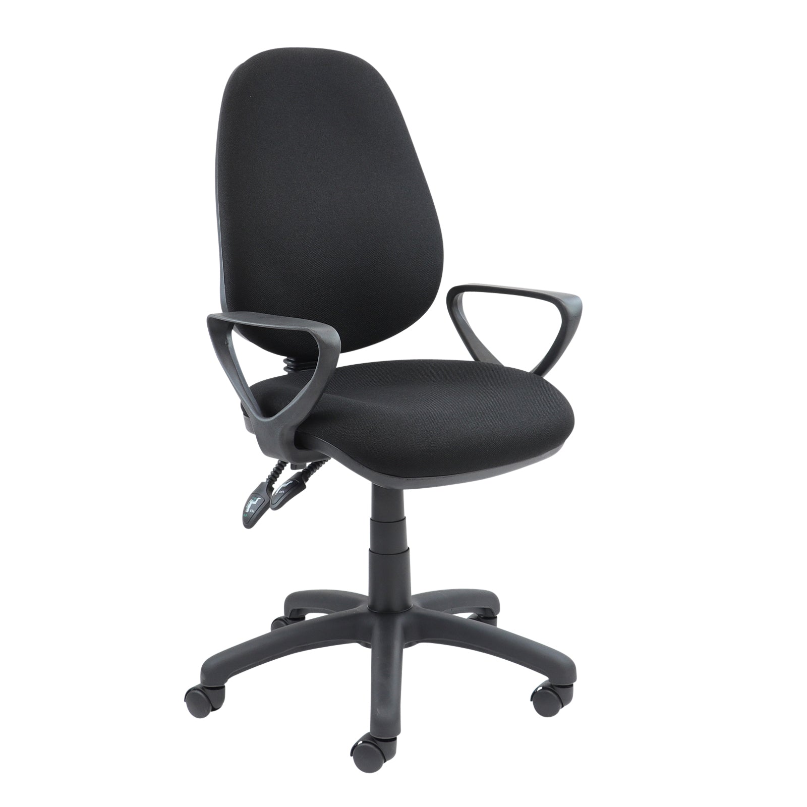 Vantage 100 2 Lever Pcb Operators Chair in black with armrests.