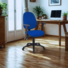 Blue office chair in a home office setting with a desk and computer.