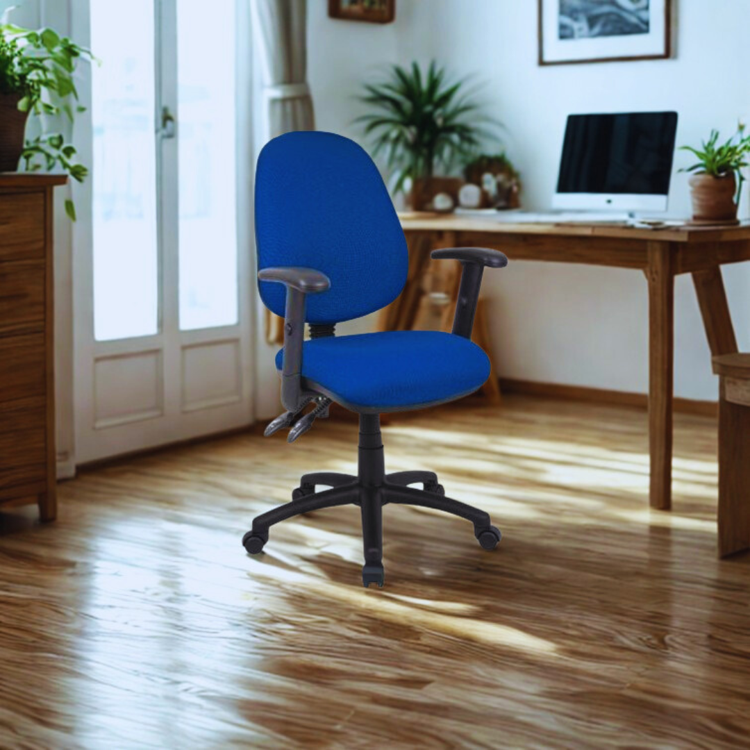 Blue office chair in a home office setting with a desk and computer.