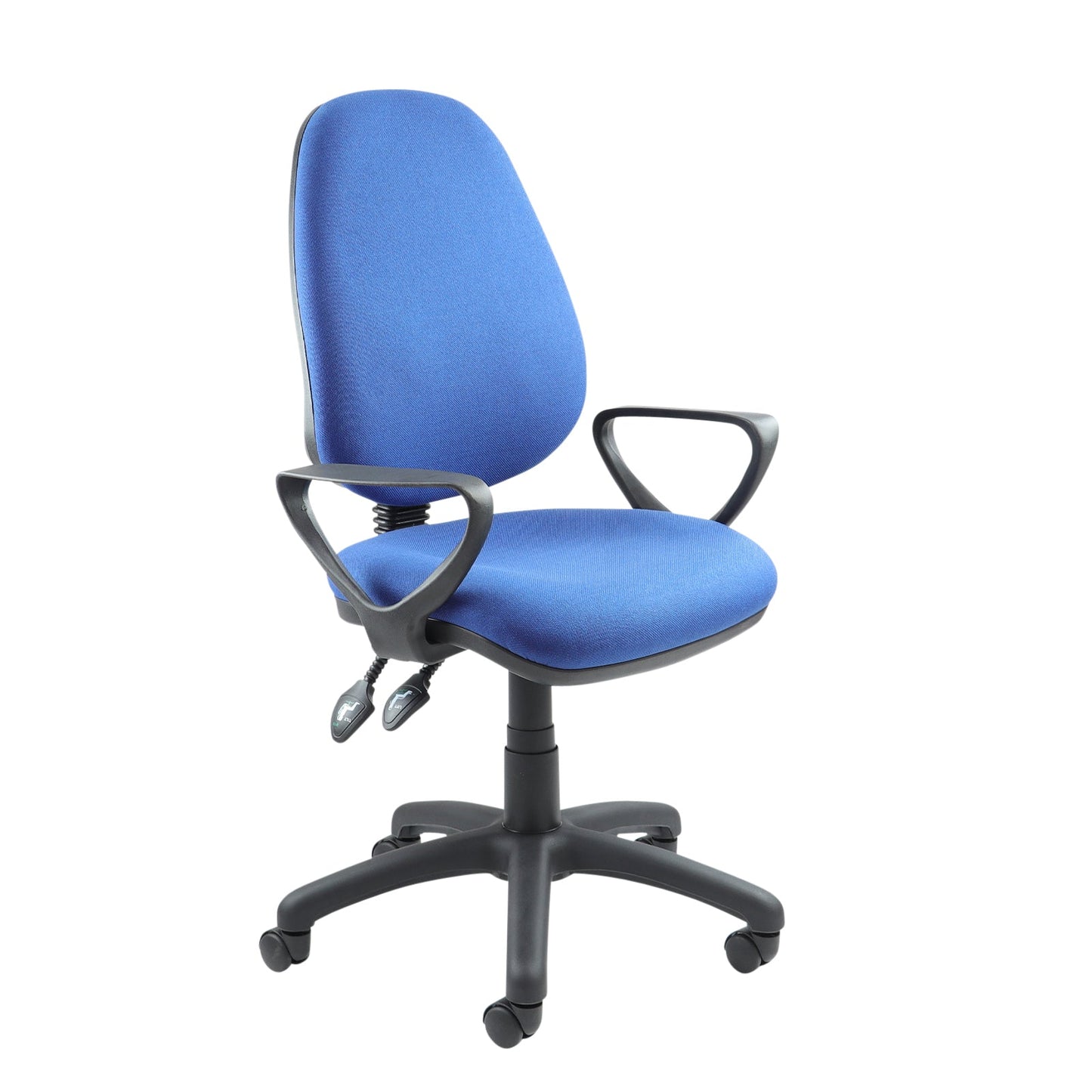 Vantage 100 2 Lever Pcb Operators Chair in blue with armrests. 
