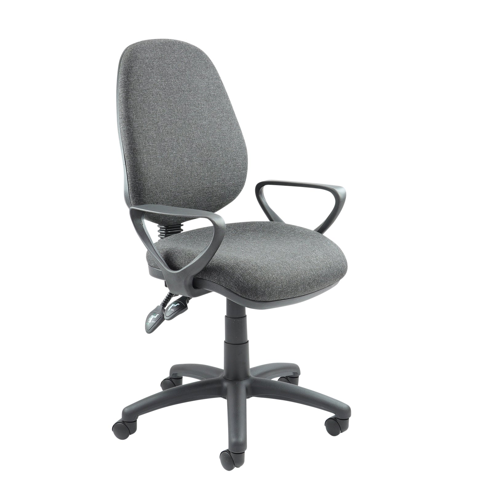 Vantage 100 2 Lever Pcb Operators Chair in charcoal with armrests. 