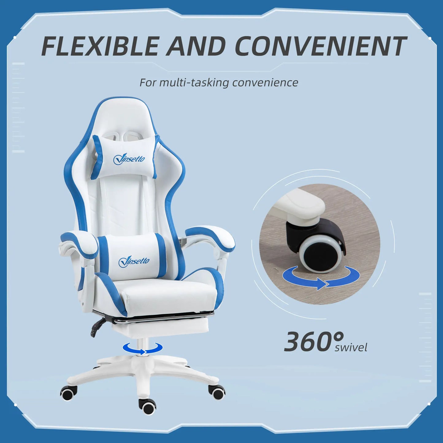 Computer Gaming Chair, PU Leather Desk Chair with Footrest, White and Grey