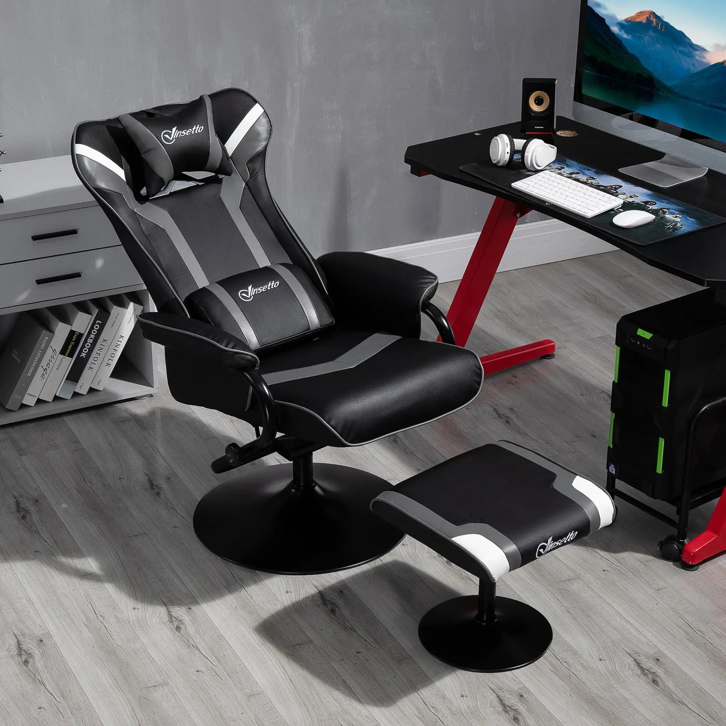 Reclining Chair and Stool Set with Headrest, Grey