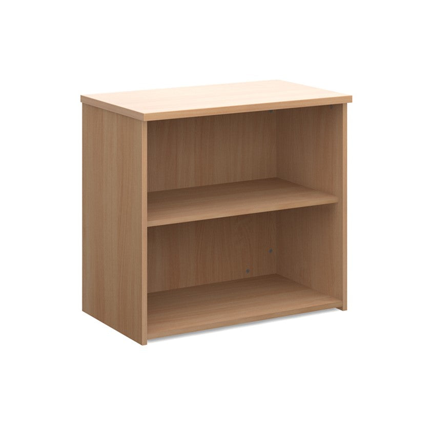 A wooden bookcase with a single opening tambour door and two shelves, made from beech wood.